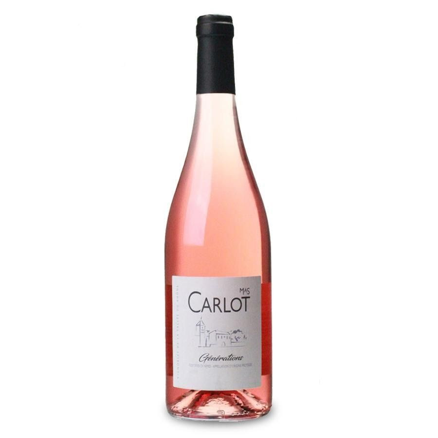 A bottle of Mas Carlot Rosé wine stands in the middle of a pure white background.